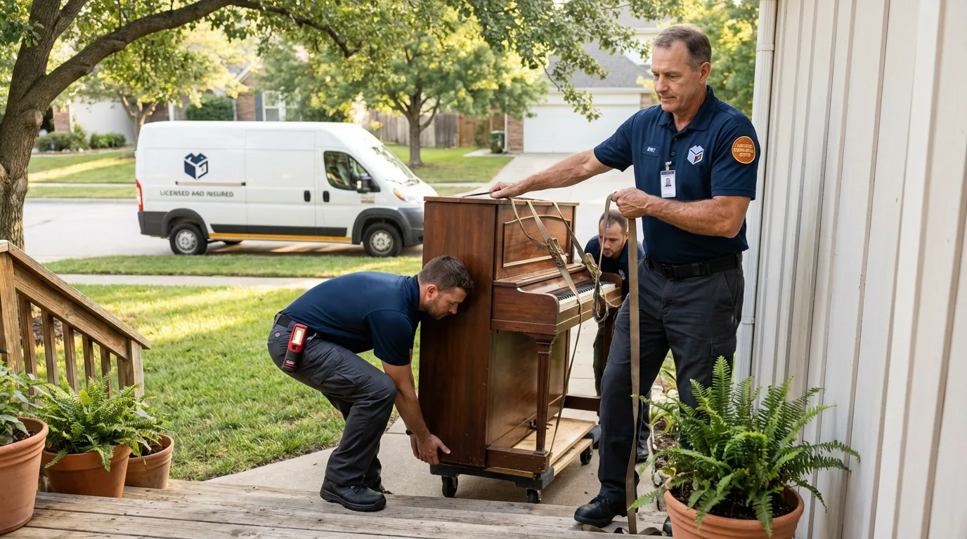 Licensed piano movers securing grand piano in Huachuca City, AZ
