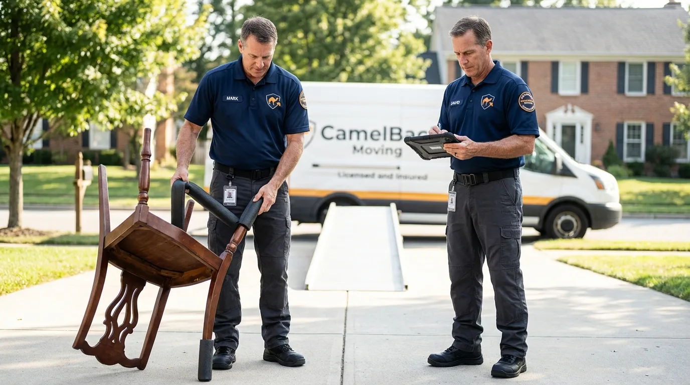 Movers inspecting furniture for damage prevention before loading in Huachuca City, AZ