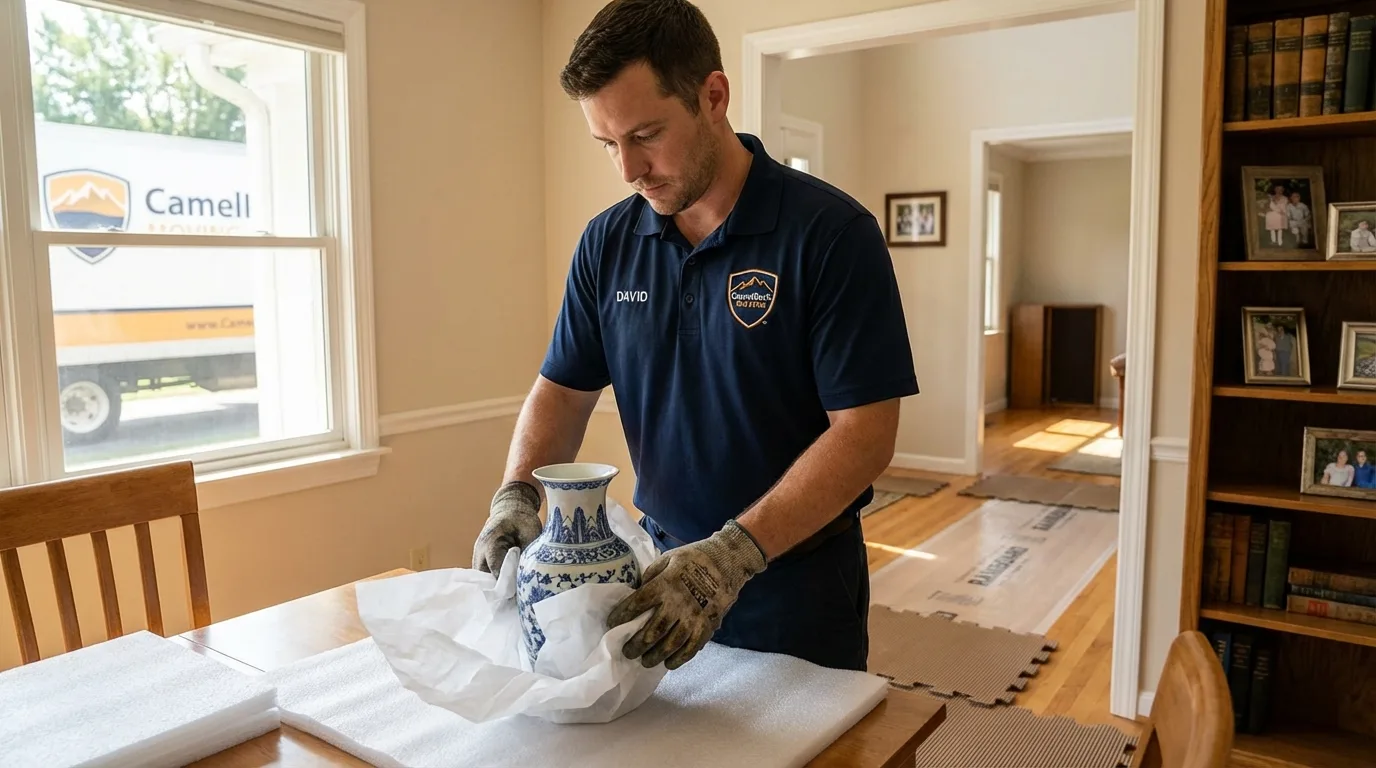 Professional crew carefully wrapping antique vase for senior downsizing move in Huachuca City, AZ